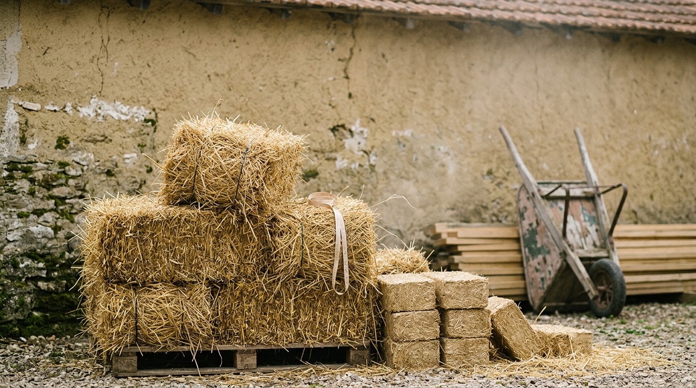 Bottes de paille dorées empilées devant un mur de chaux ocre en cour de ferme
