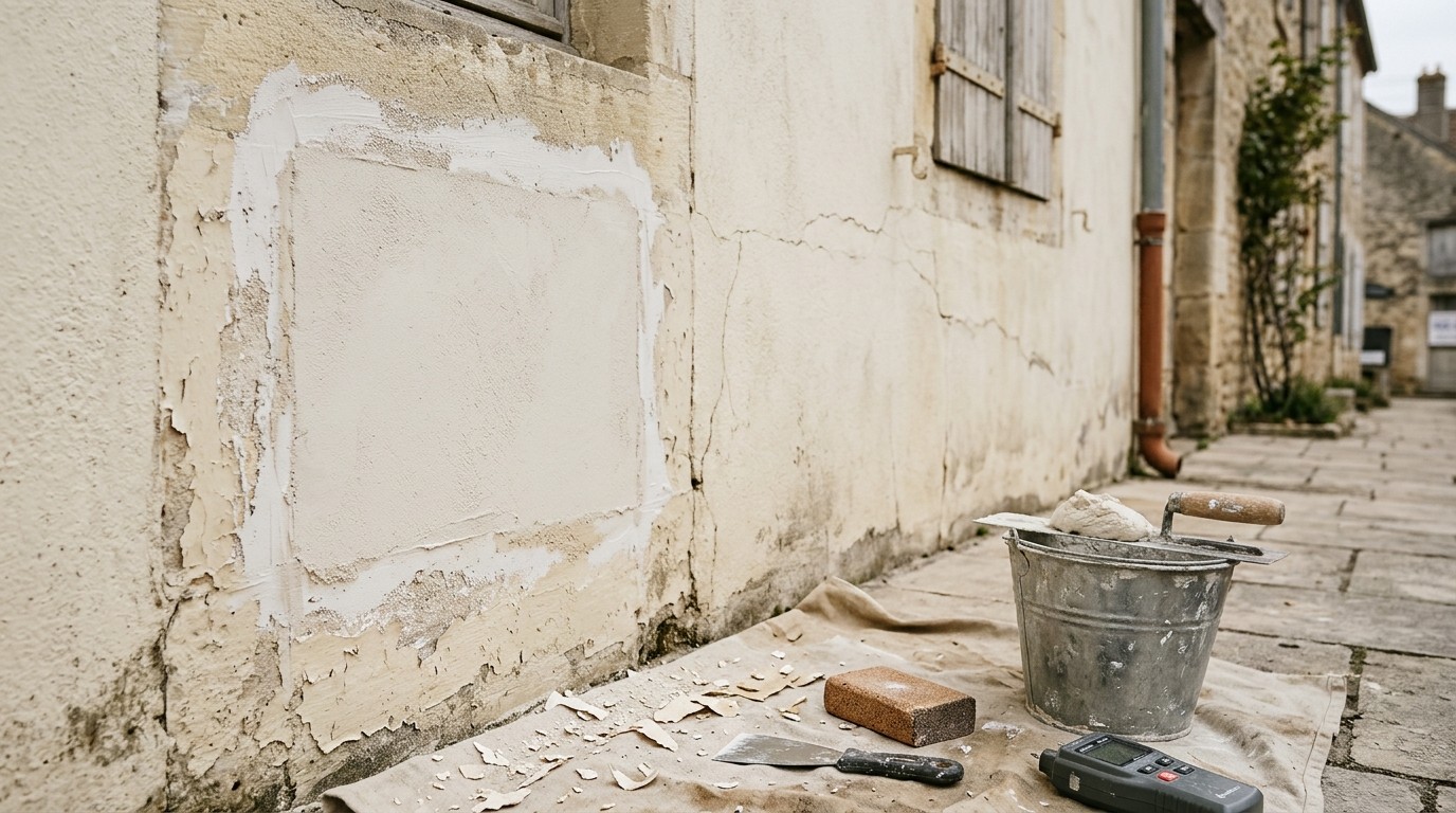 Façade en enduit à la chaux réparée, rectangle décapé et rebouché, outils posés au sol