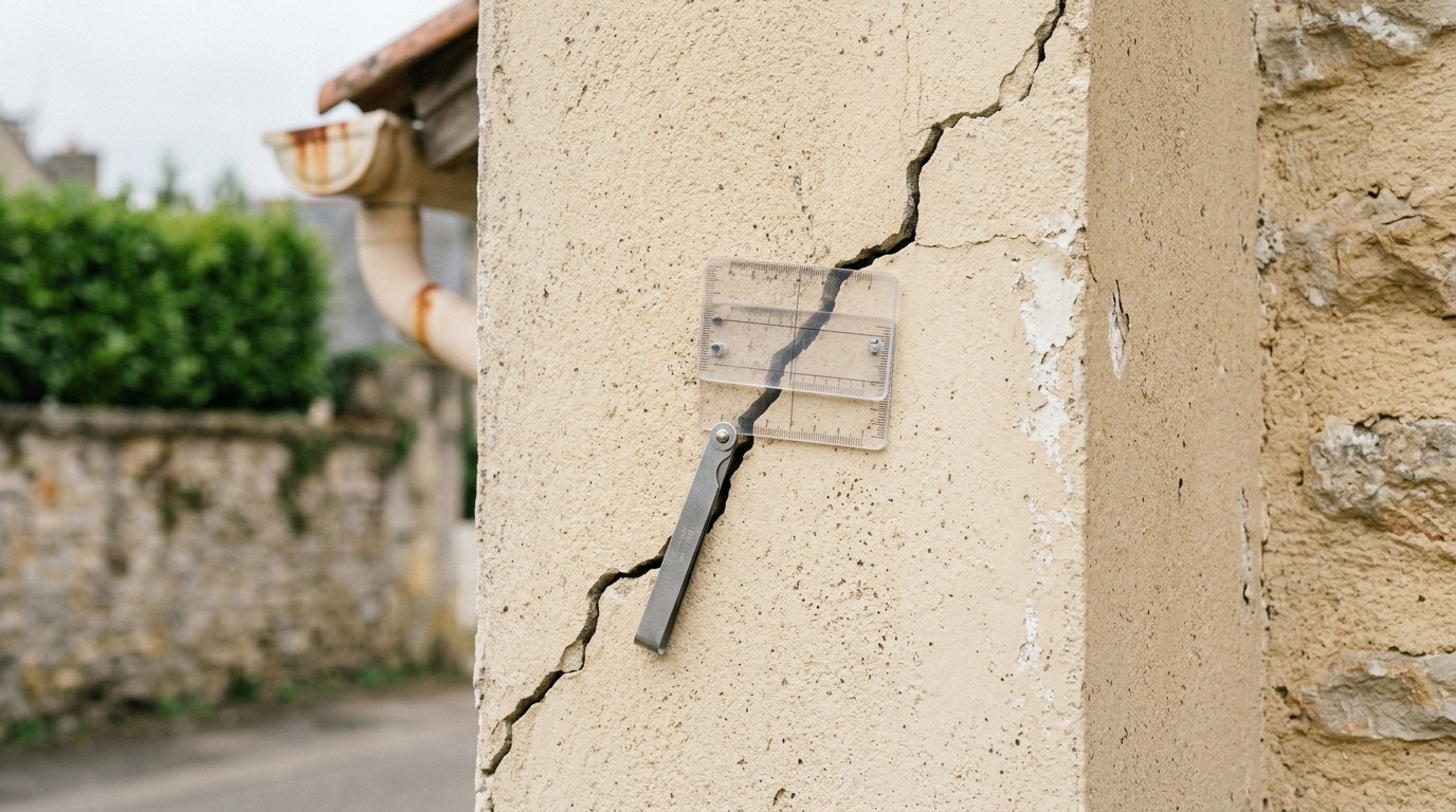 Fissure en escalier sur un angle d'enduit à la chaux, surveillée par un moniteur transparent