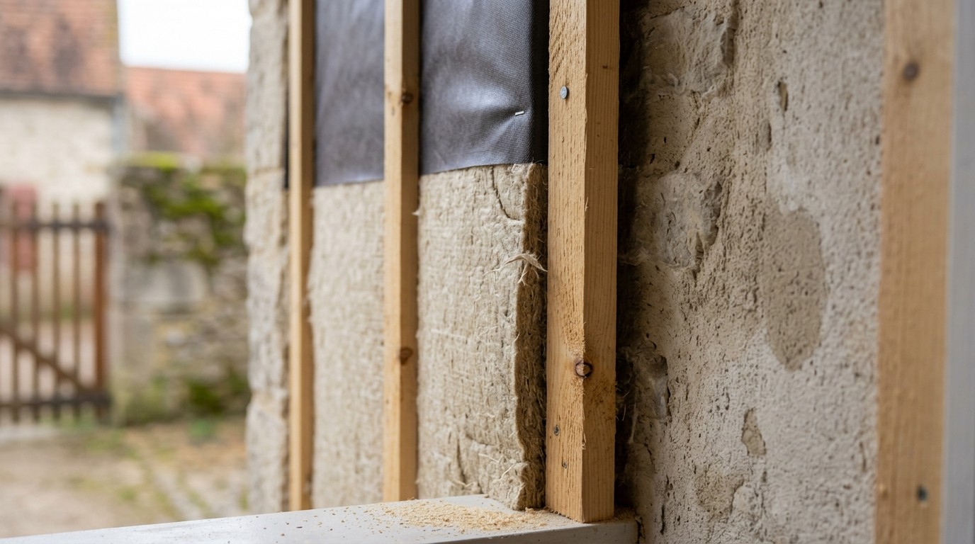 Gros plan d'un panneau isolant en fibre de bois entre tasseaux d'épicéa sur mur enduit