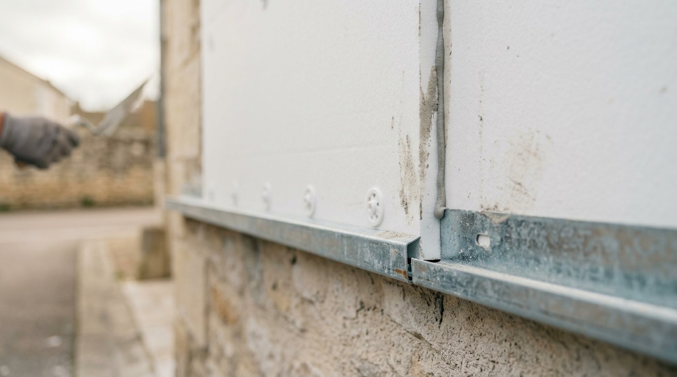Isolant blanc posé sur profilé de départ galvanisé, chevilles alignées et cordon de colle grise