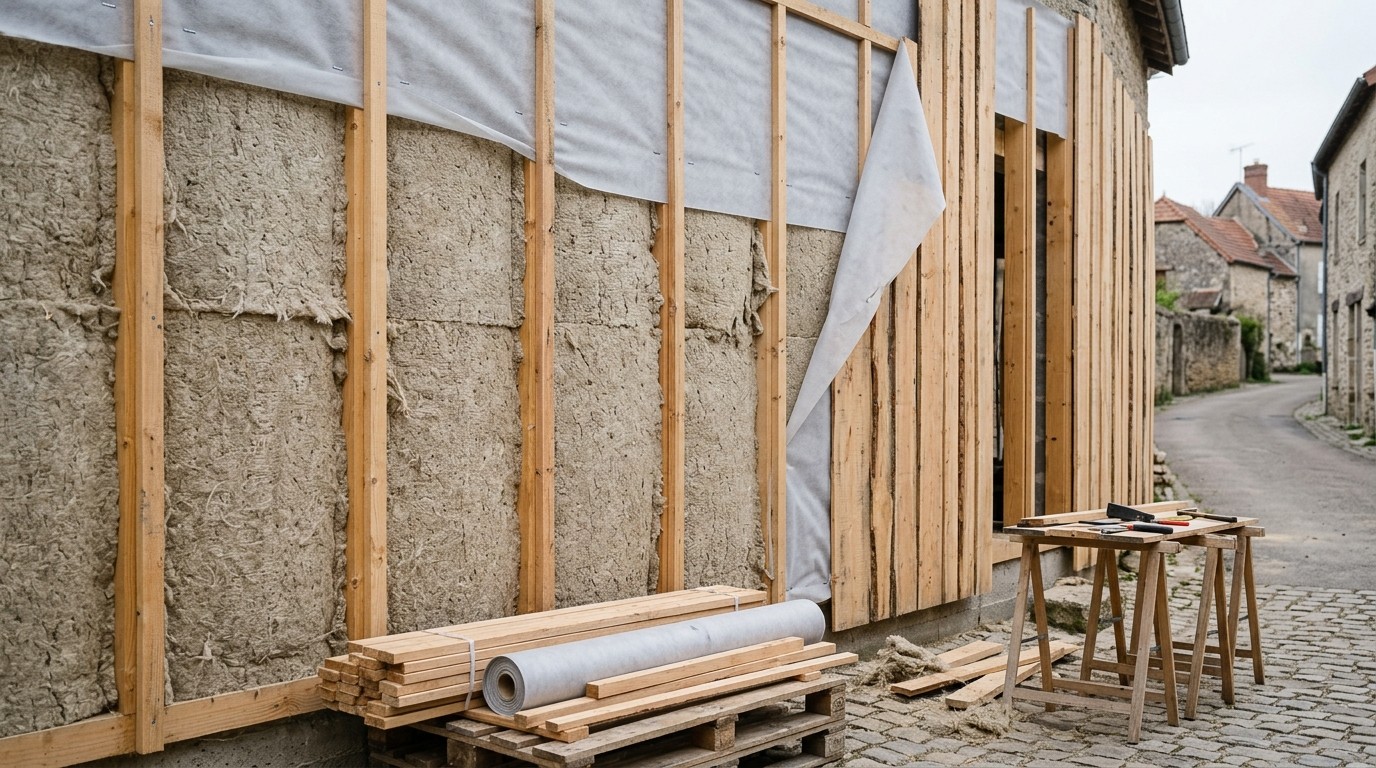 Mur à ossature bois isolé de chanvre, membrane entrouverte et lame d'air sous bardage mélèze