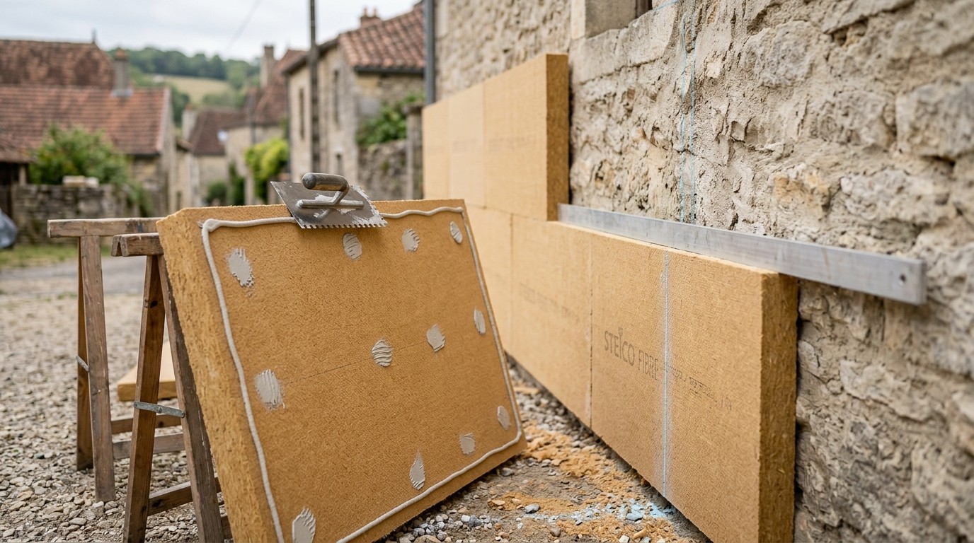 Panneau de fibre de bois sur tréteaux, colle en plots, règle posée sur le mur