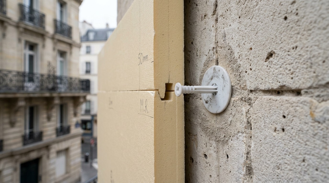 Panneau isolant en polyuréthane fixé par une cheville blanche sur un mur en pierre calcaire