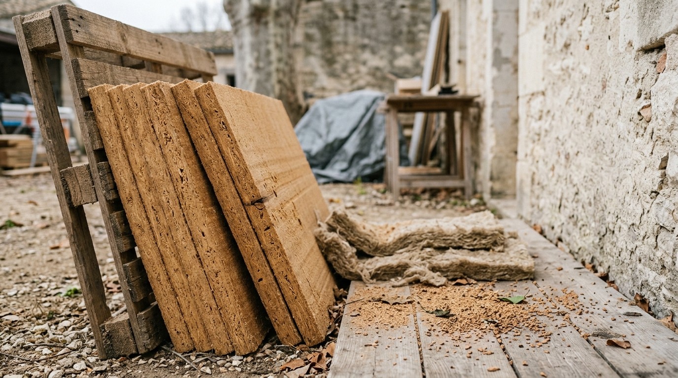 Panneaux de fibre de bois brun miel appuyés contre une palette, chanvre et liège